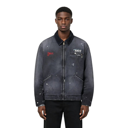 SAINT MXXXXXX - Corduroy-Trimmed Logo-Embroidered Distressed Cotton-Canvas Jacket - Black